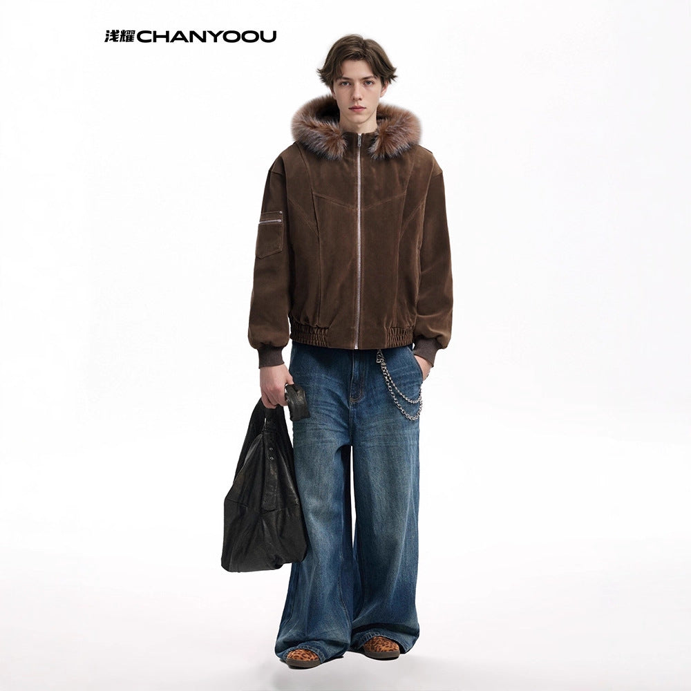 CHANYOOU Retro Seat Mountain Carving Deconstruction Fur Collar Hooded Cotton-padded Coat