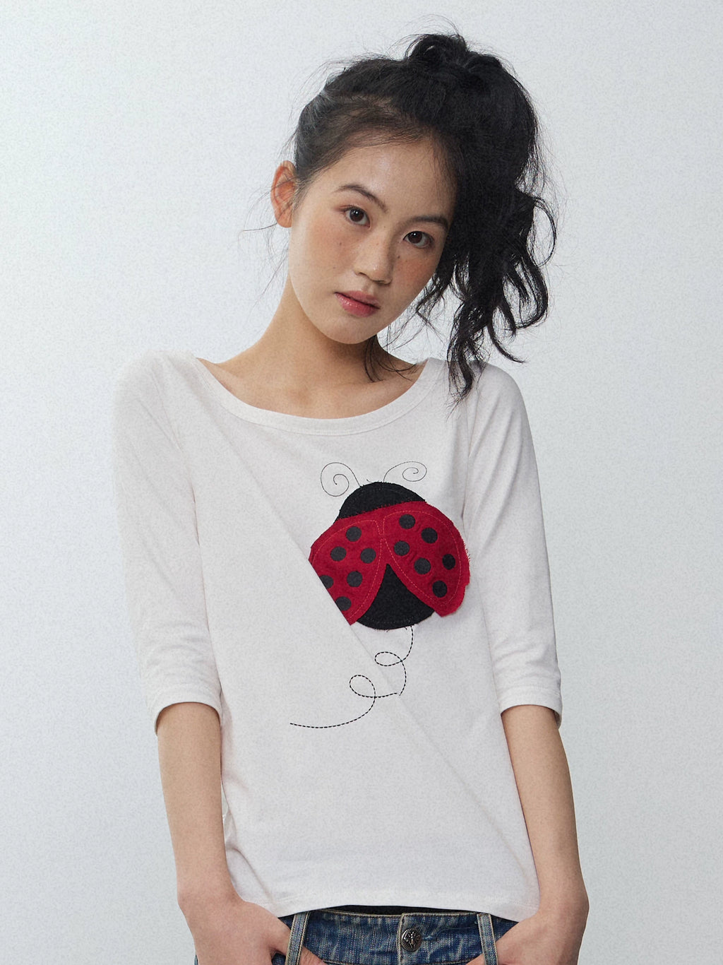 In Two Twos Ladybug Patch Embroidered Striped Tee