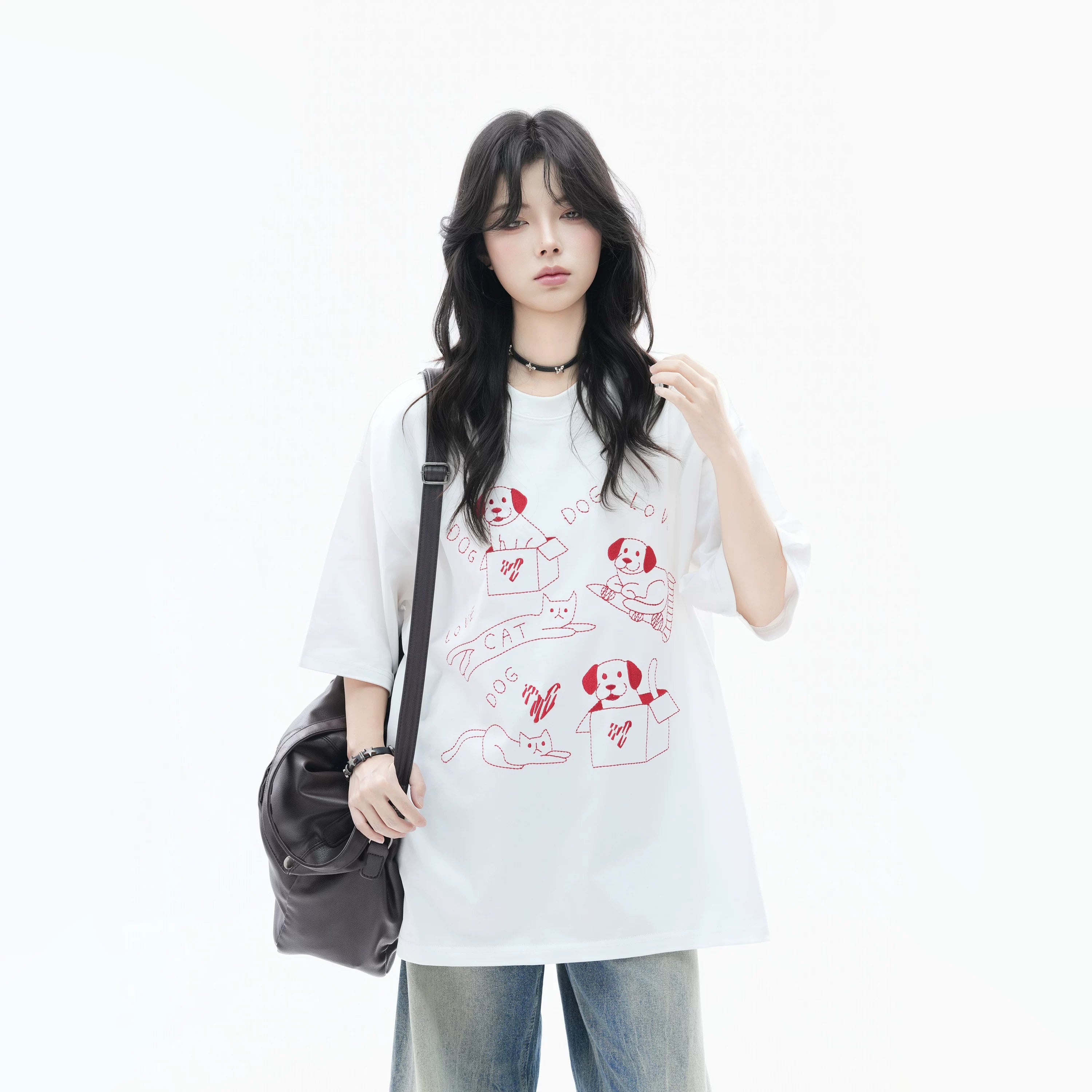 Zuocisankon Lazy Shoulder Fun Cute Cat Embroidery Tee