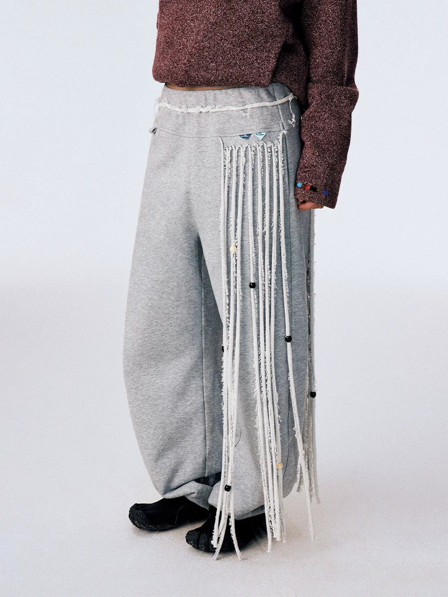 CONP Wood Bead Fringed Versatile Casual Pants