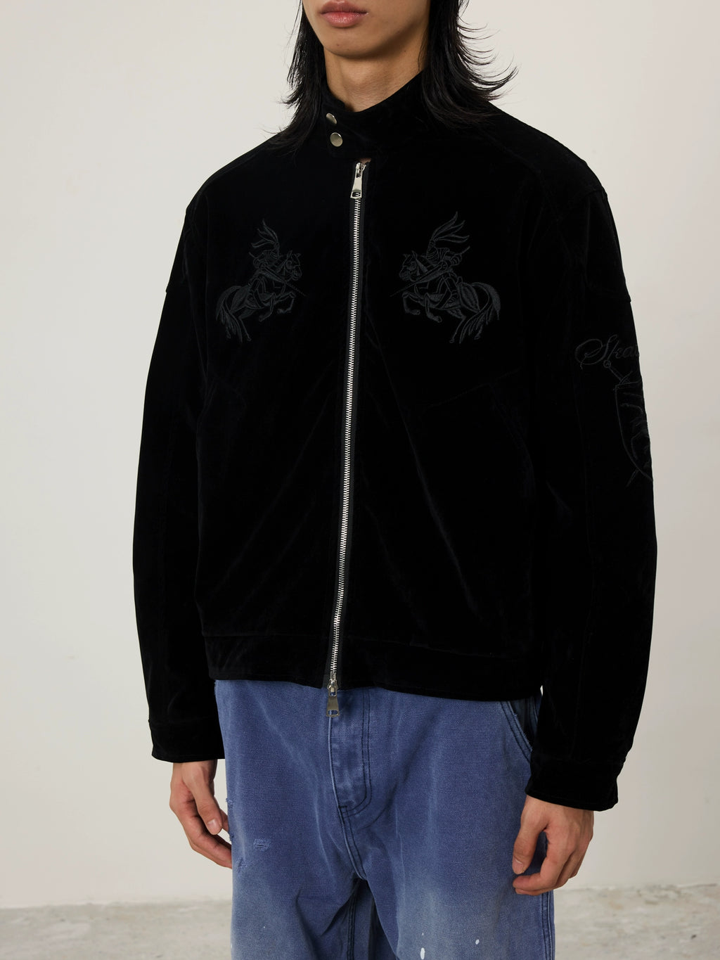 BTSG Vintage Embroidered Suede Stand-Up Jacket