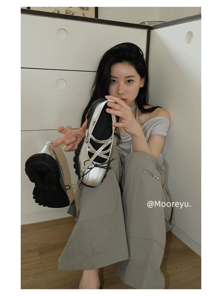 Mooreyu Round Head Sports Shallow Mouth Single Shoes Leather Shoes