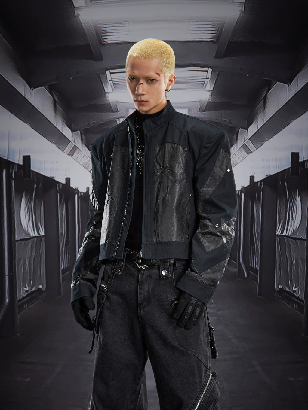 NUndefined Dark Stitching Short Loose Shoulder Padded Stand-up Collar Jacket