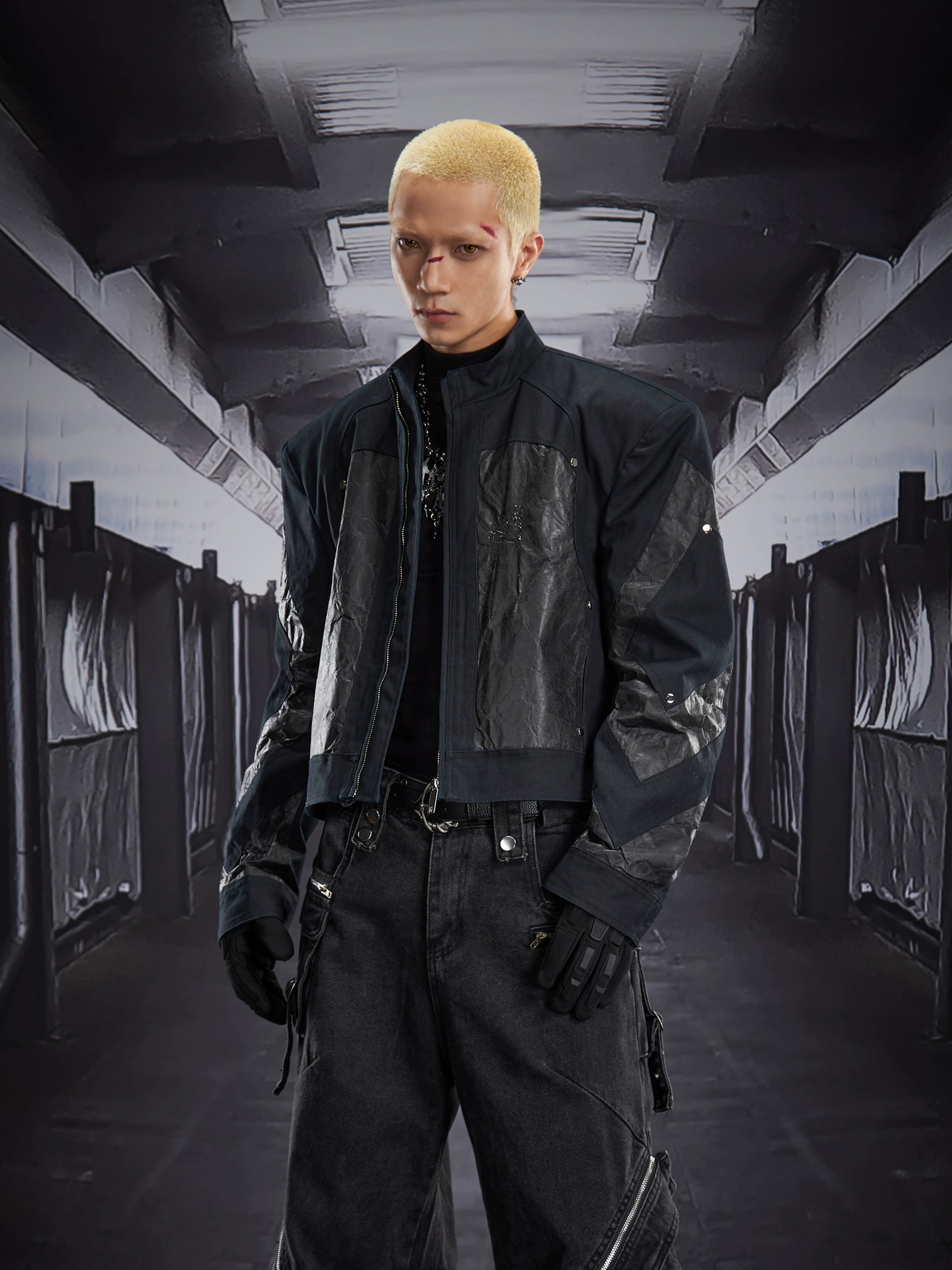 NUndefined Dark Stitching Short Loose Shoulder Padded Stand-up Collar Jacket