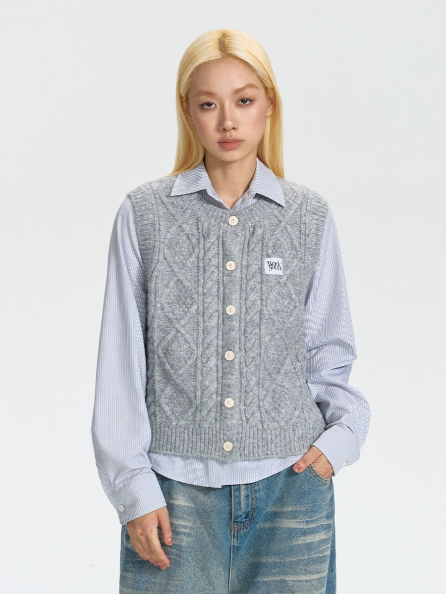 NICEBAD Striped-embroidered Slim-fit Short Shirt