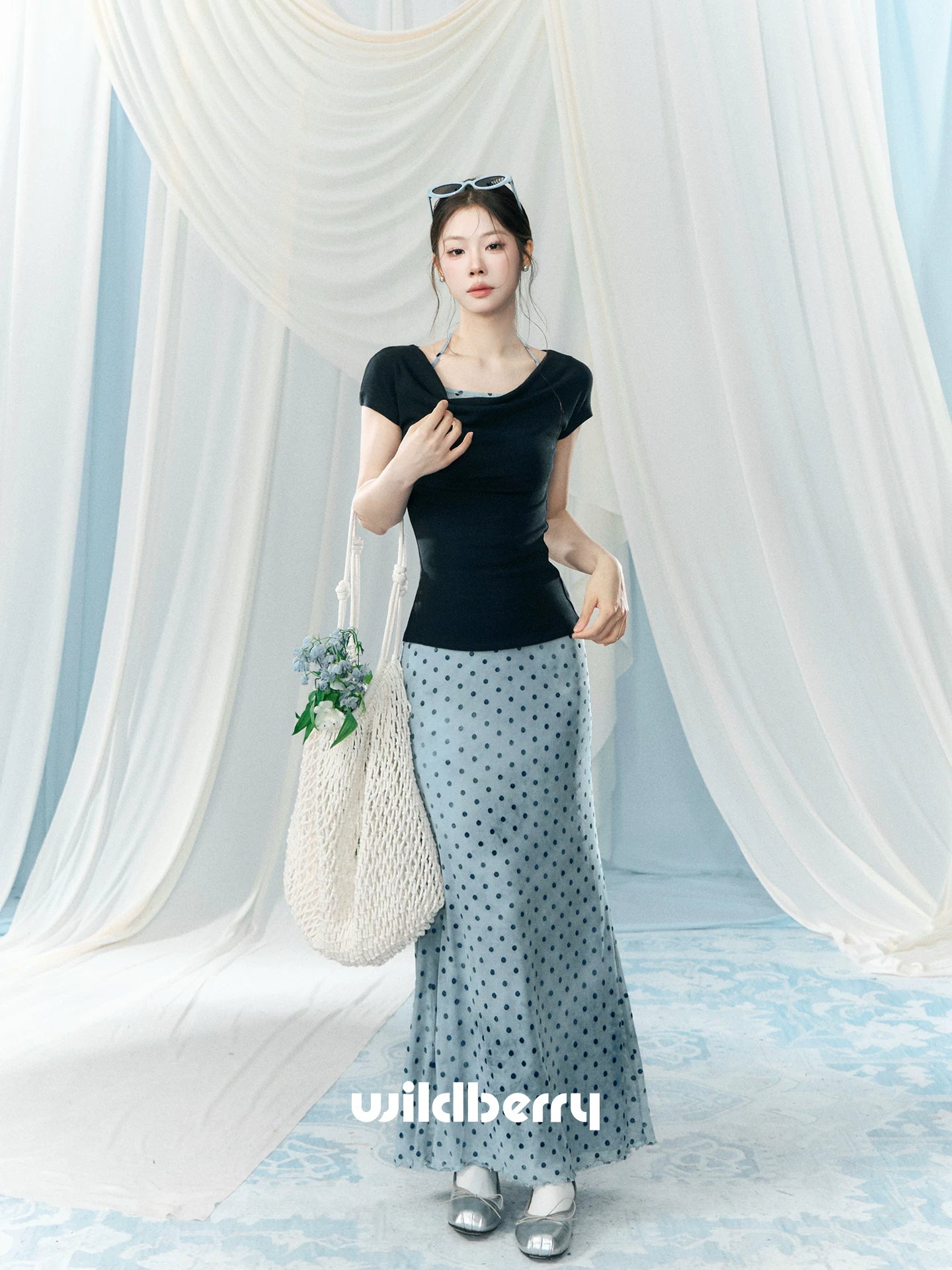 Wildberry High Waist Skinny Polka Dot Skirt