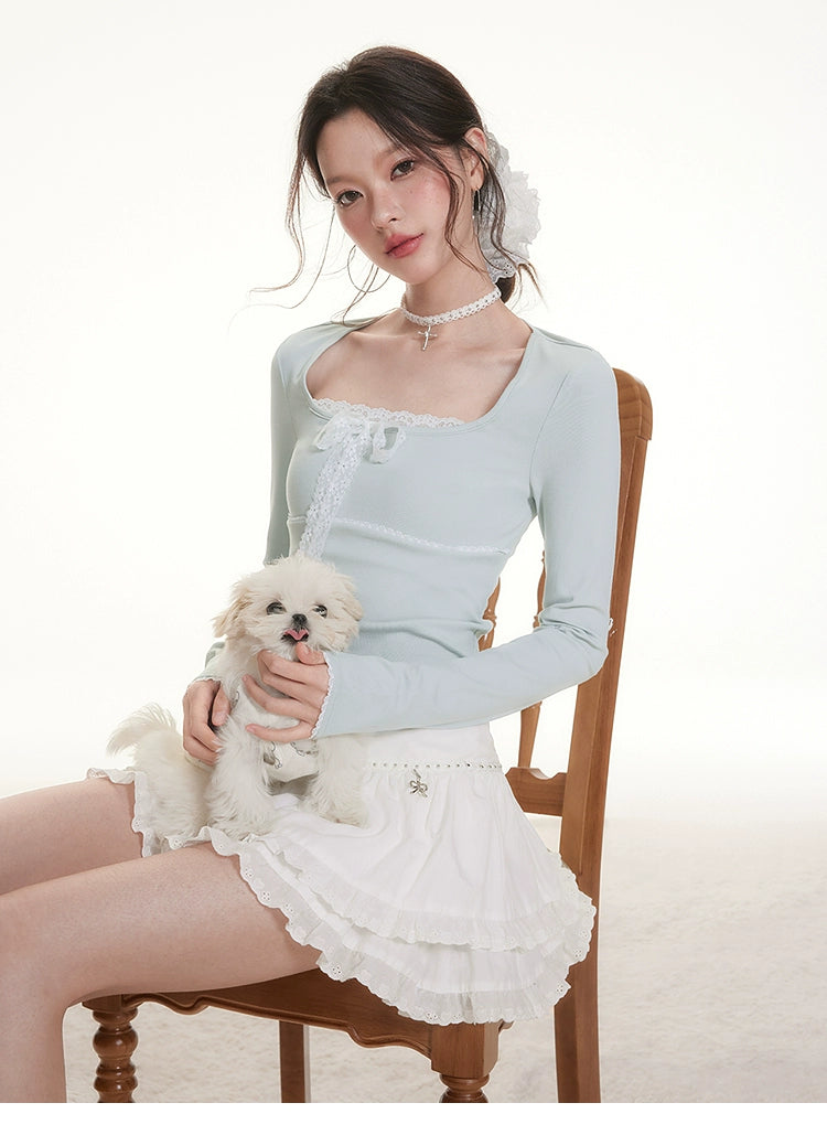 Imone Lace Splicing Bow Strap Square Neck Long Sleeve