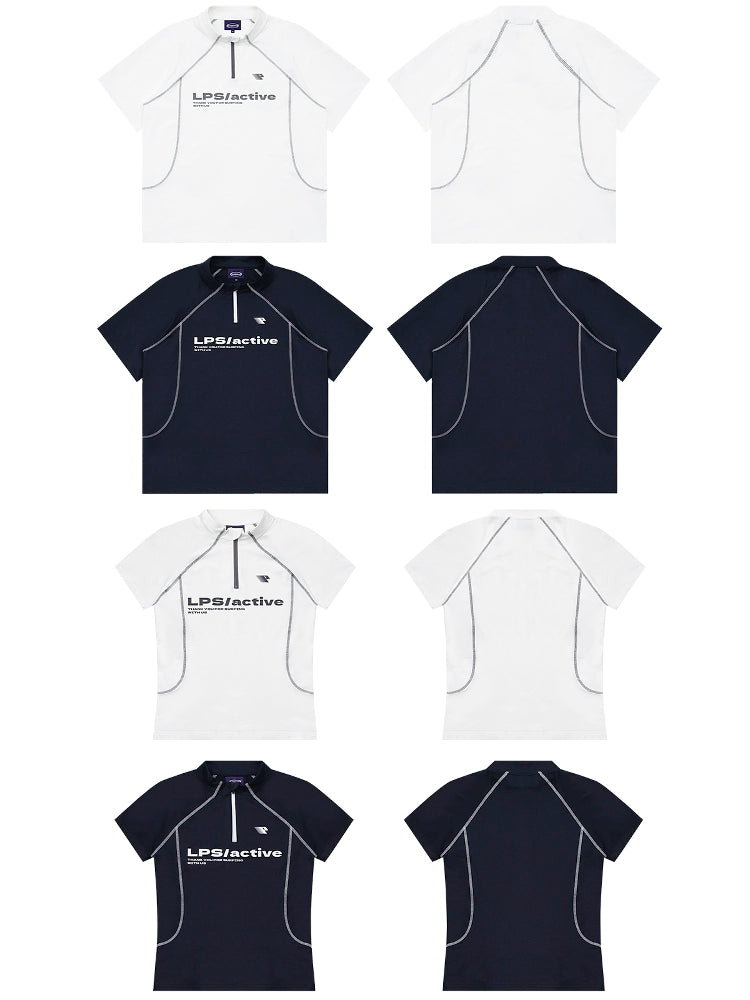 Loopsoon Contrasting Bright Line Loose Semi-turtleneck Zipper Tee