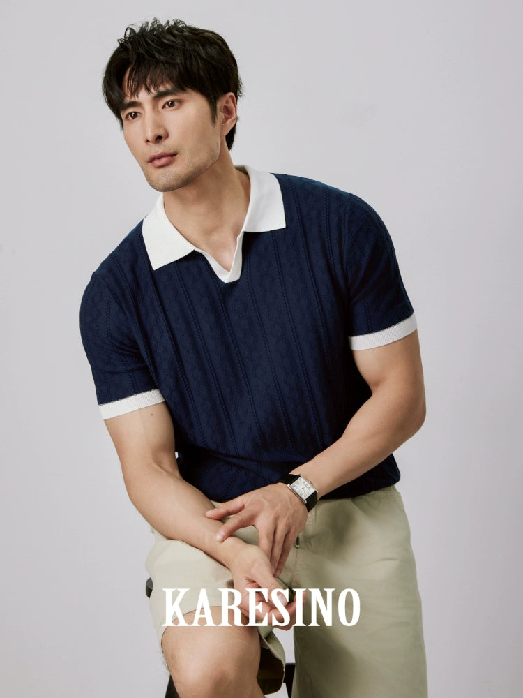 KARESINO Jacquard V-neck Contrasting Splicing Polo Shirt