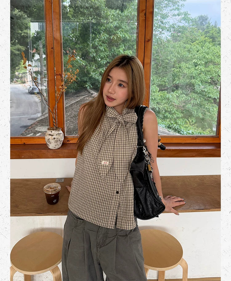 CCYE Bow Plaid Sleeveless Shirt