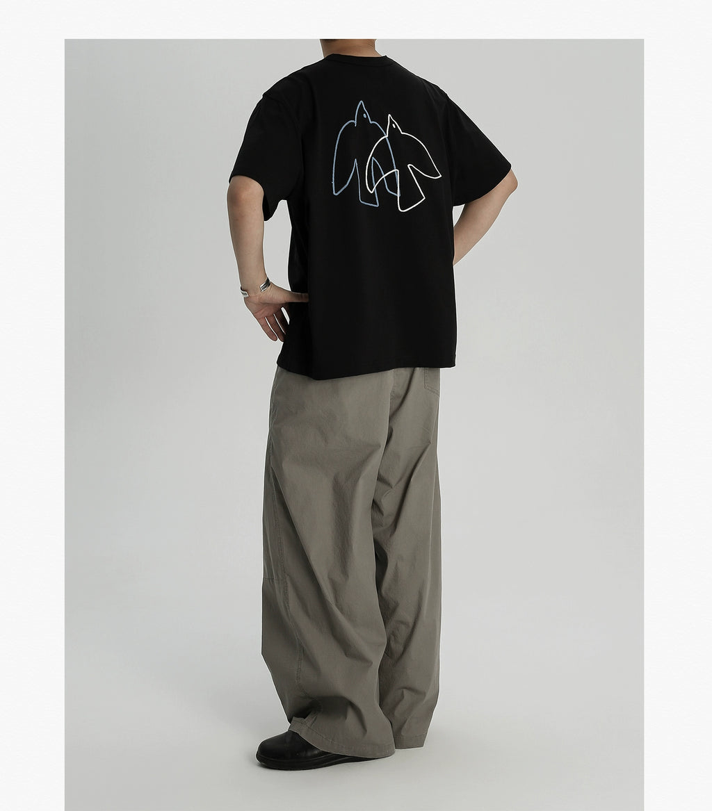 AWT Bird Pattern Line Towel Embroidery Loose Tee