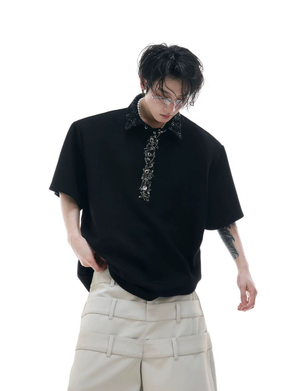 ArguECulturE Niche Sequined Square Neck Loose Polo Shirt Tee