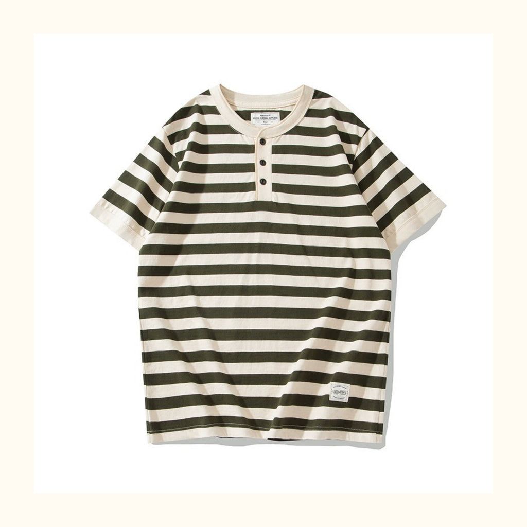 PrintAce Vintage Knitted Striped Henry Collar Button Tee
