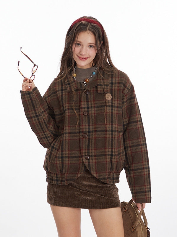 Nariele Vintage Loose Checked Jacket Shirt