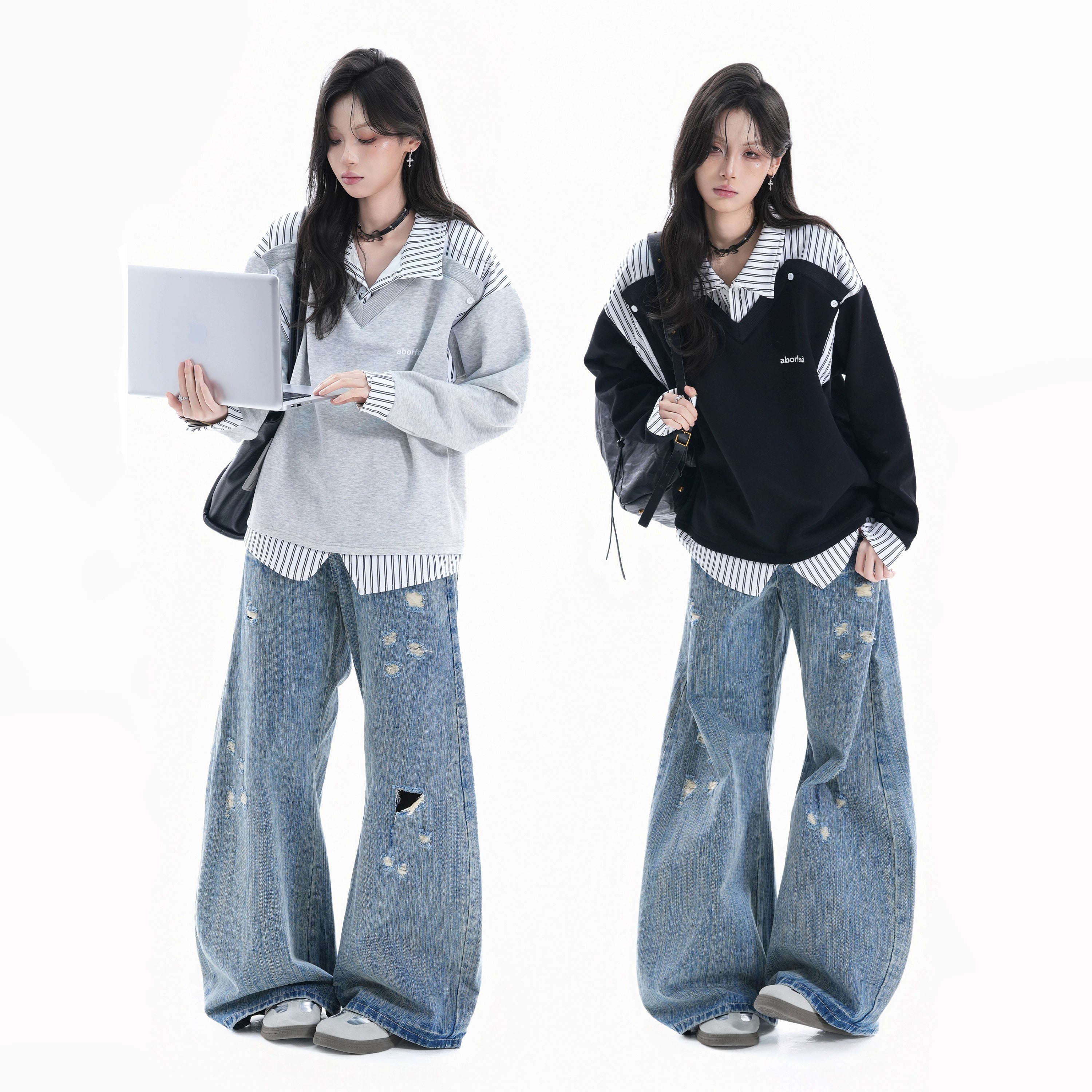 Zuocisankon College Style Fake Two-piece Splicing Sweater