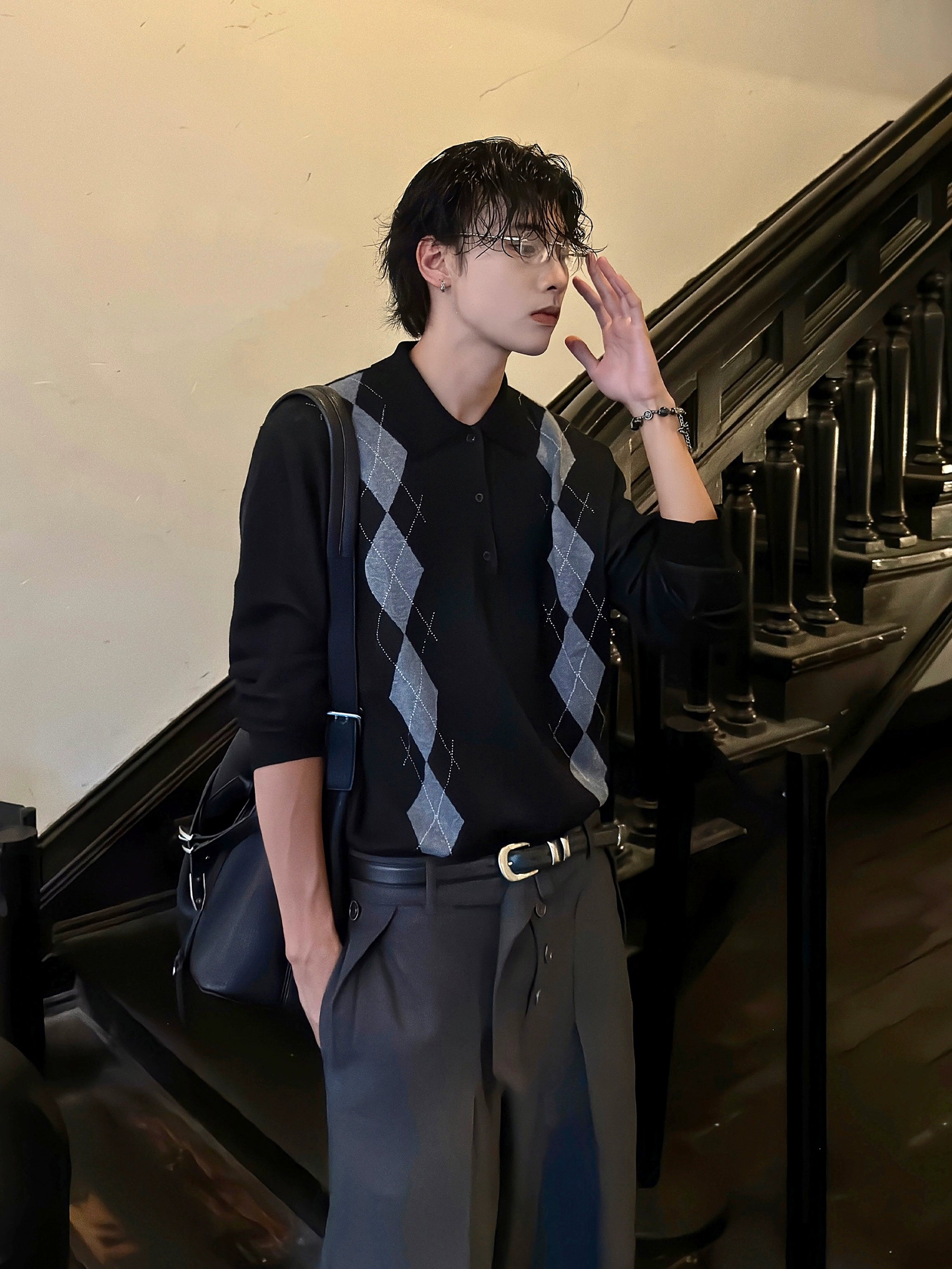 INTENT Vintage Casual Rhombus Knitted Sweater