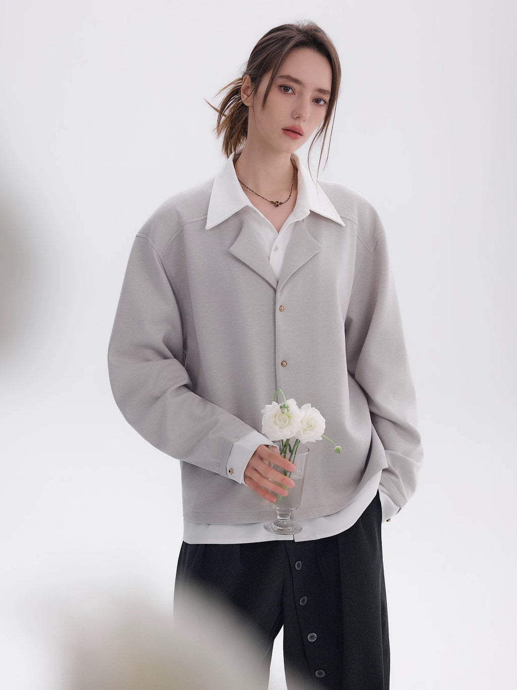 CHOR Knitted Stitching Fake Two-piece Contrasting Long-sleeved Shirt