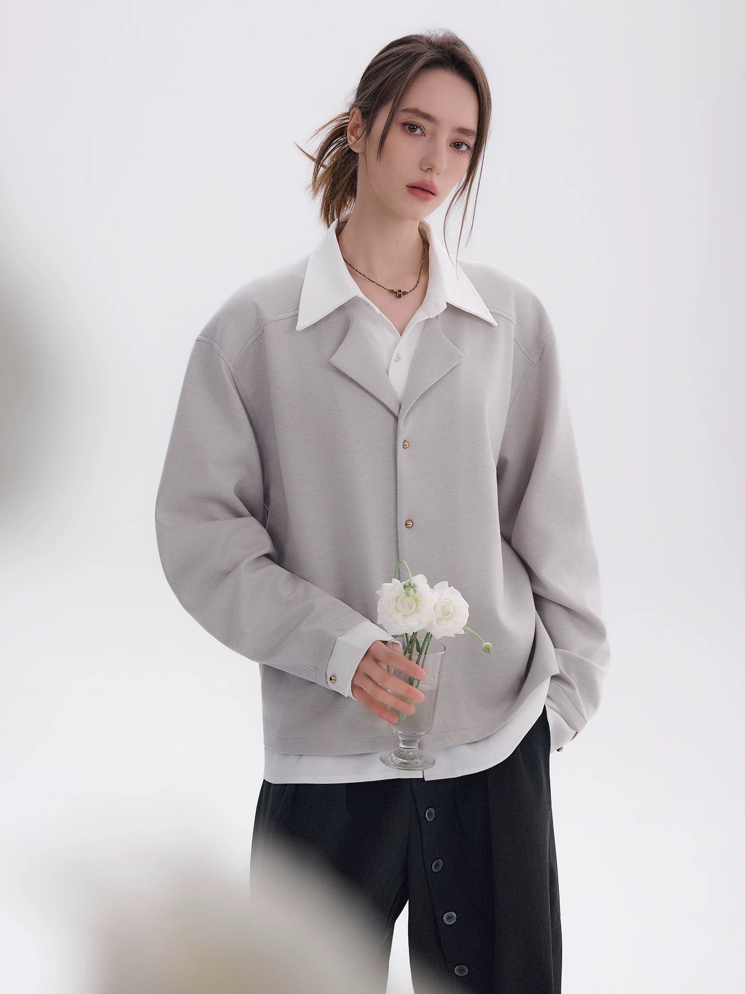CHOR Knitted Stitching Fake Two-piece Contrasting Long-sleeved Shirt