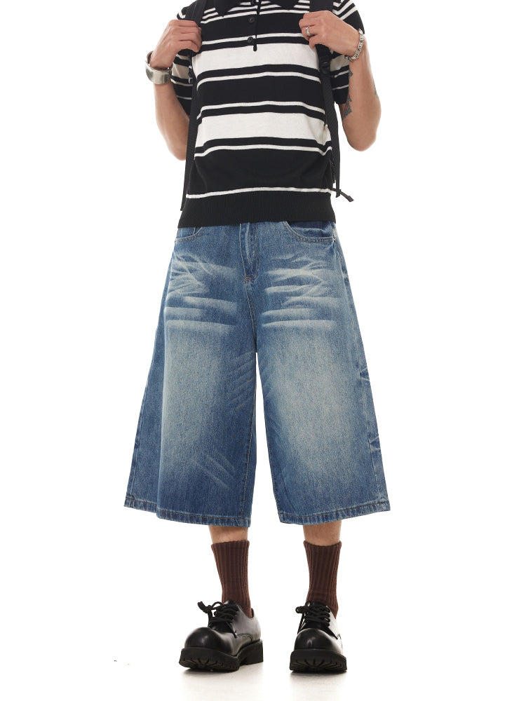 BTSG washed cat beard loose wide-leg denim shorts