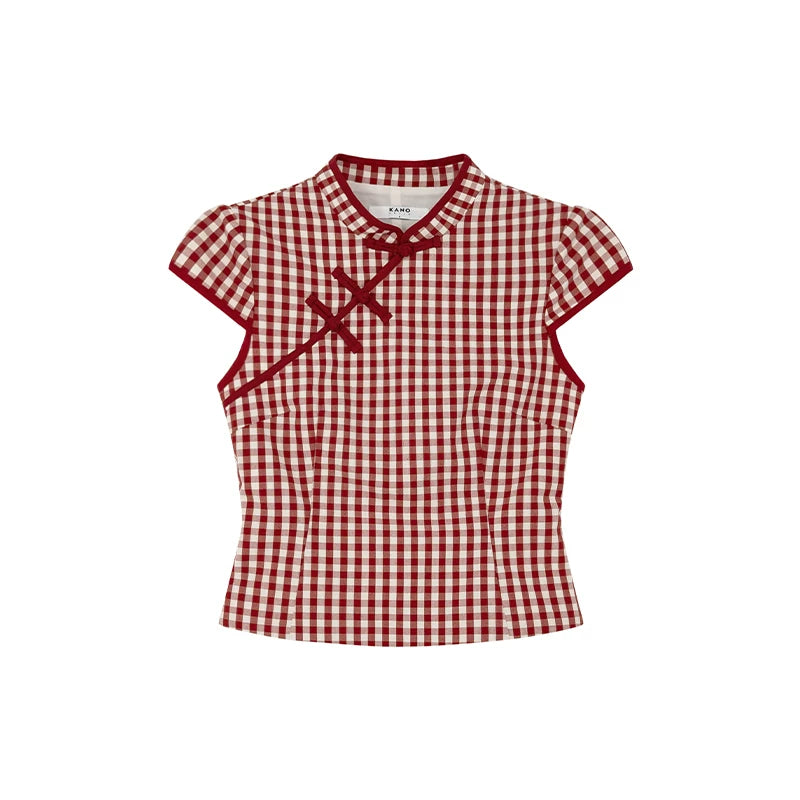 KANO Stand-up Collar Plaid Casual Tee