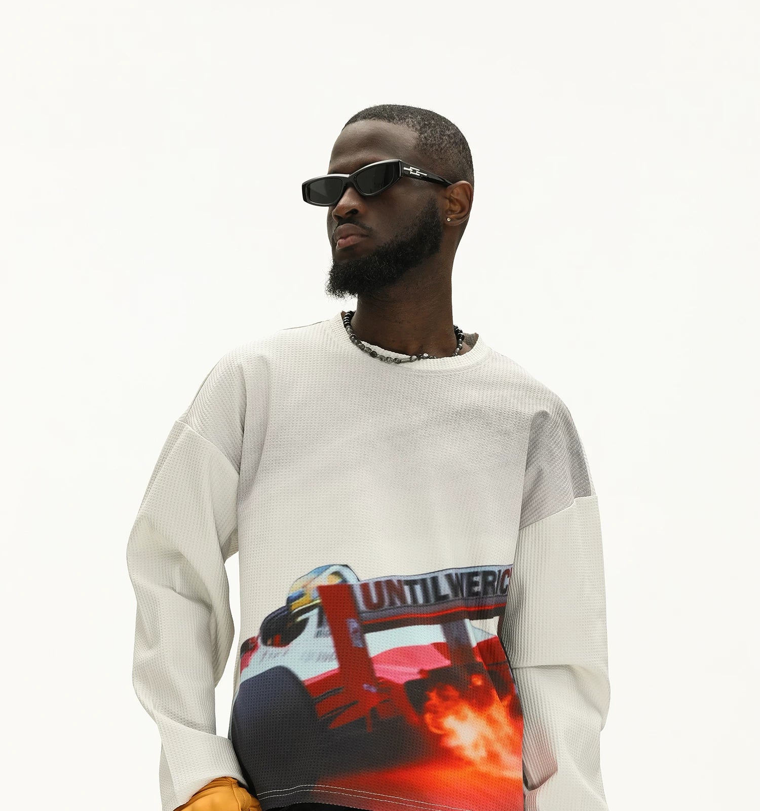 UNTILWERICH Waffle Crew Neck Racing Print Loose Sweater