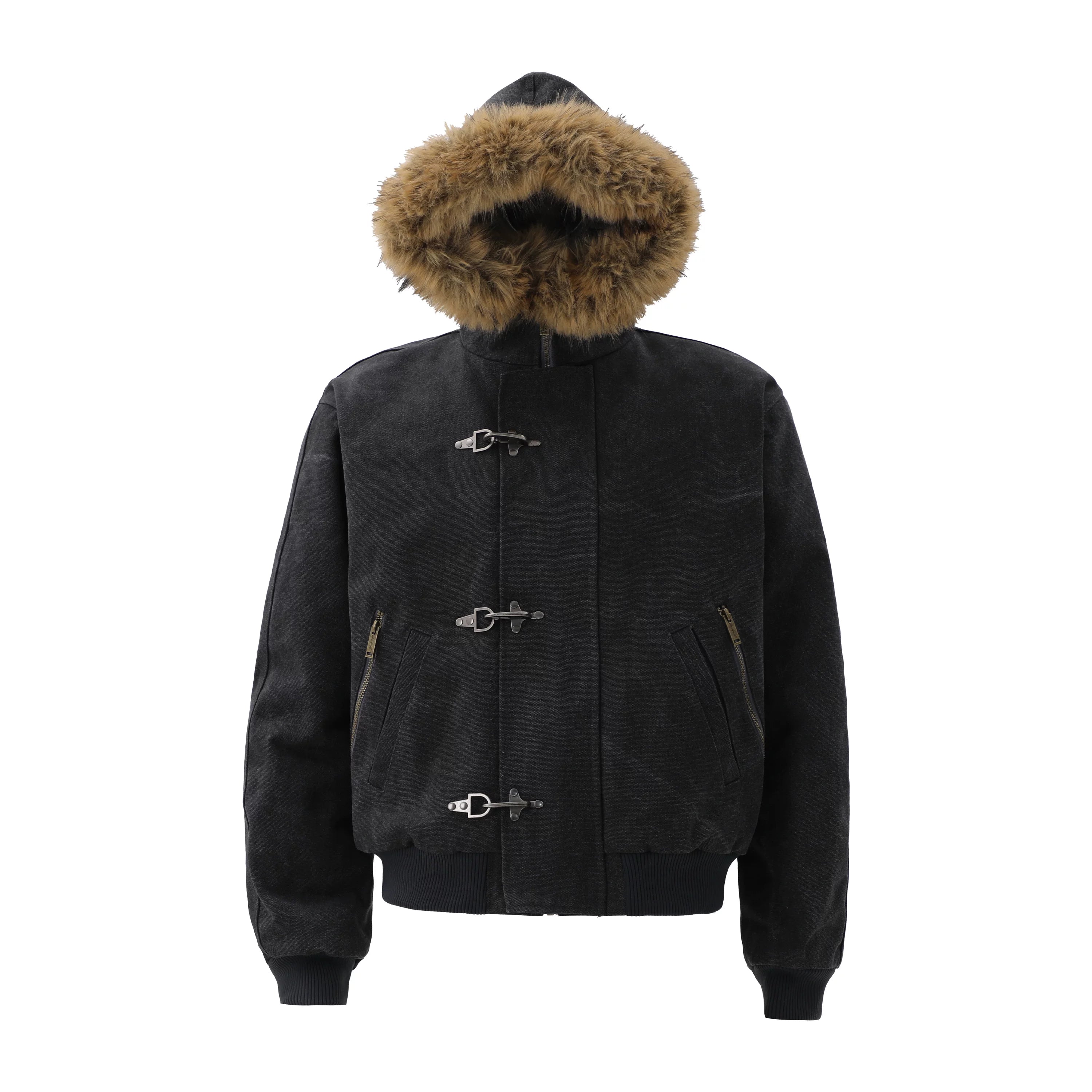 ZOZOFOREST Removable Fur Collar Plush Bead Canvas Seat Mountain Carving Jacket