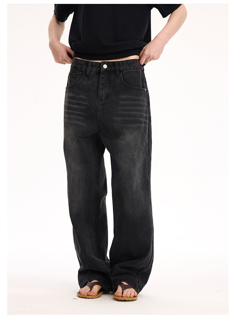 (Clearance) UNF 13.5oz Blockbuster Washed Old Cat Whiskers Baggy Bull Wide Leg Black Jeans