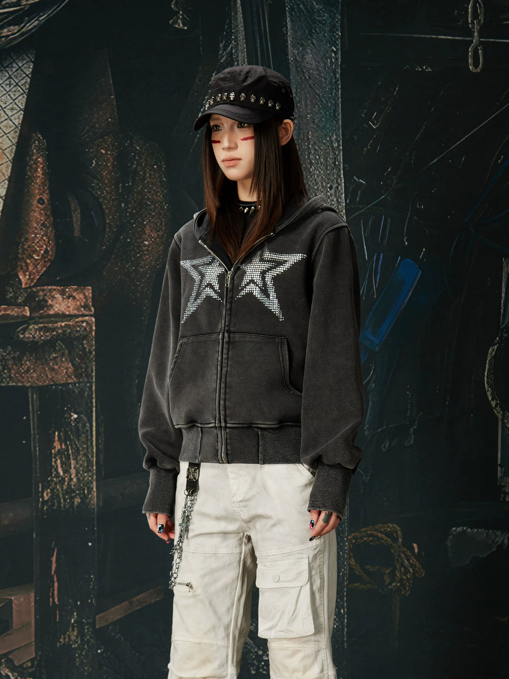 NOMANIAI Washed Hot Diamond Slim Fit Hooded Zipper Jacket