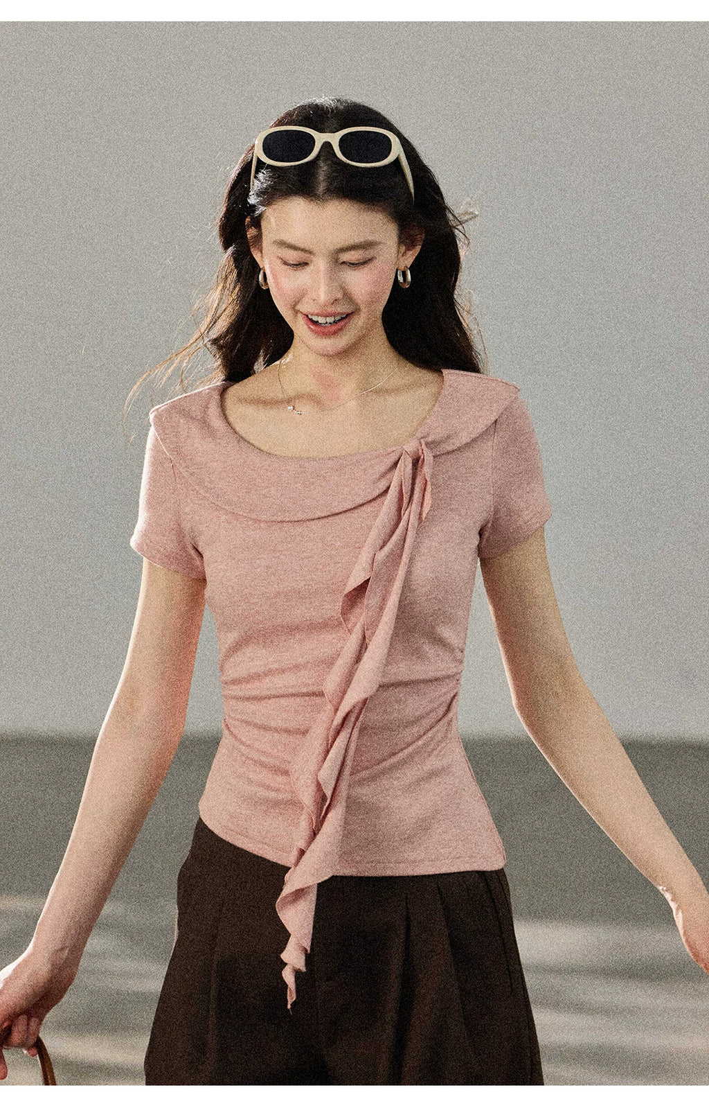 TYANG Waist Lace-up Large Lapel Streamer Slim Tee