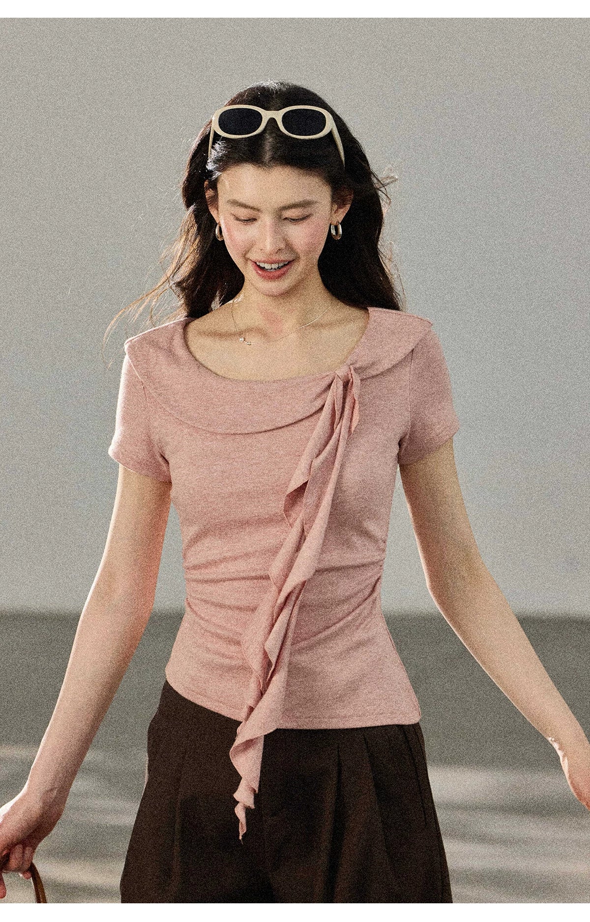 TYANG Waist Lace-up Large Lapel Streamer Slim Tee