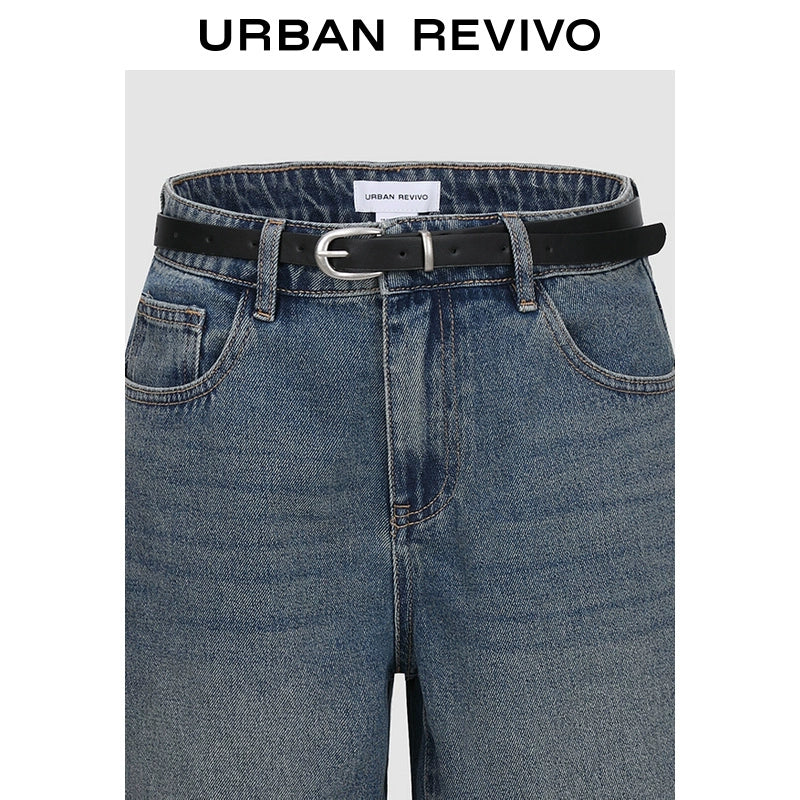 URBAN REVIVO Cat Whisker Washed Belt Denim Shorts