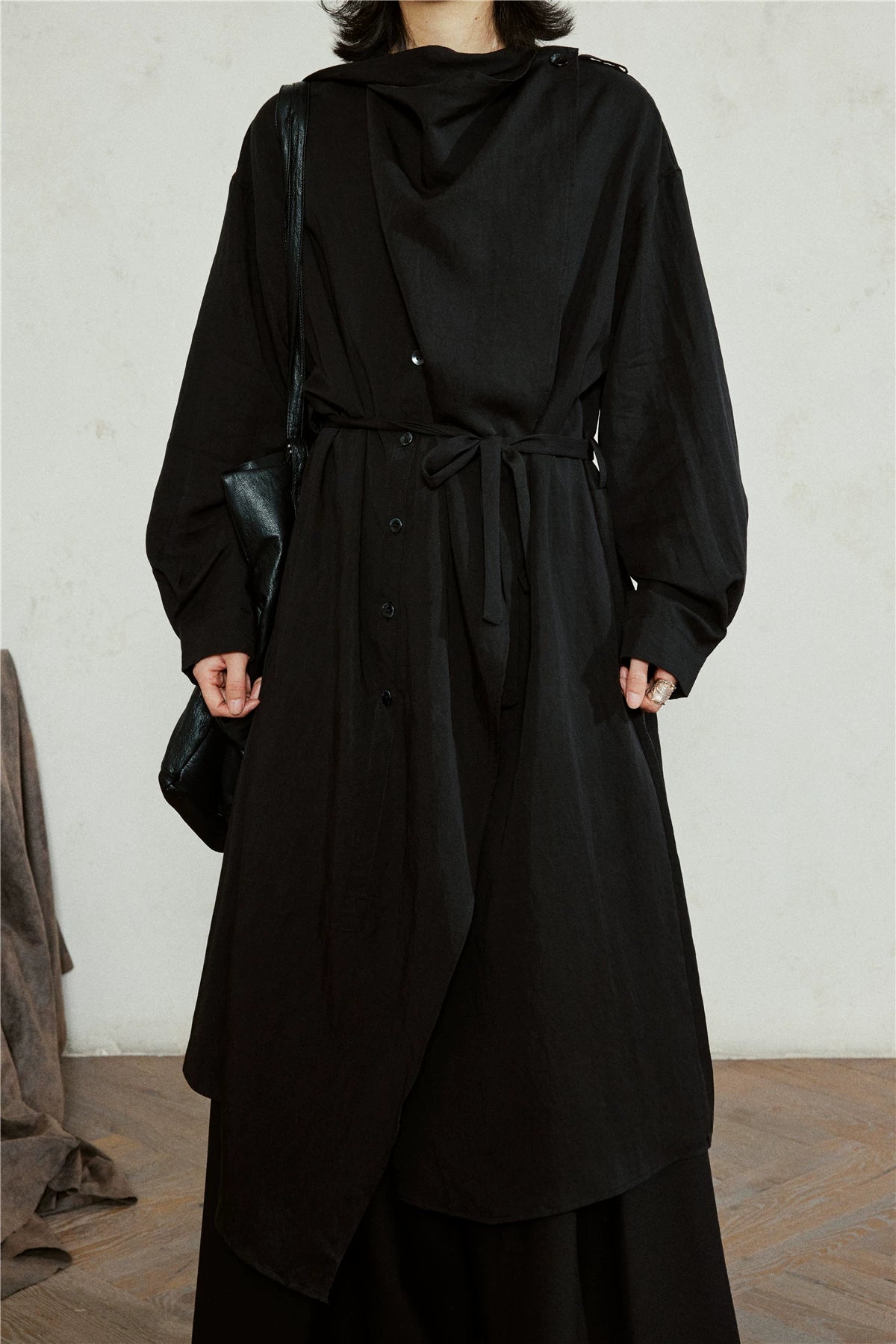 SUNYVONNE Asymmetrical Large Lapel Long Belted Coat