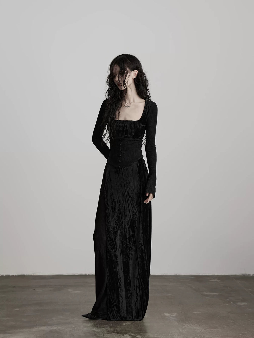 INDULGE Velvet Splicing Lace Long Sleeve Dress