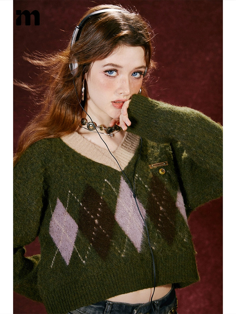 Imone Contrast Rhombus Jacquard Short V-Neck Knitted Sweater