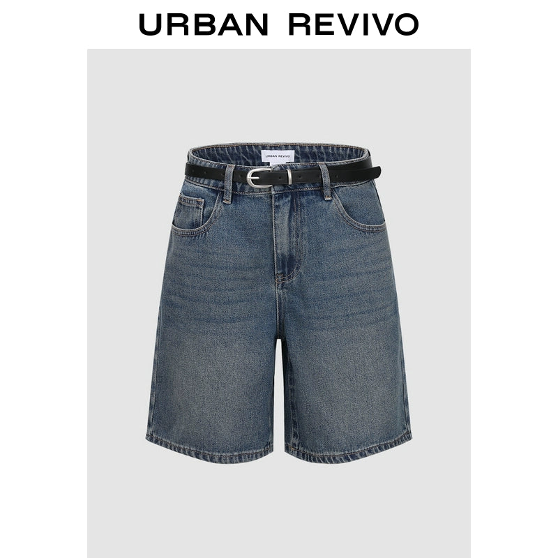URBAN REVIVO Cat Whisker Washed Belt Denim Shorts
