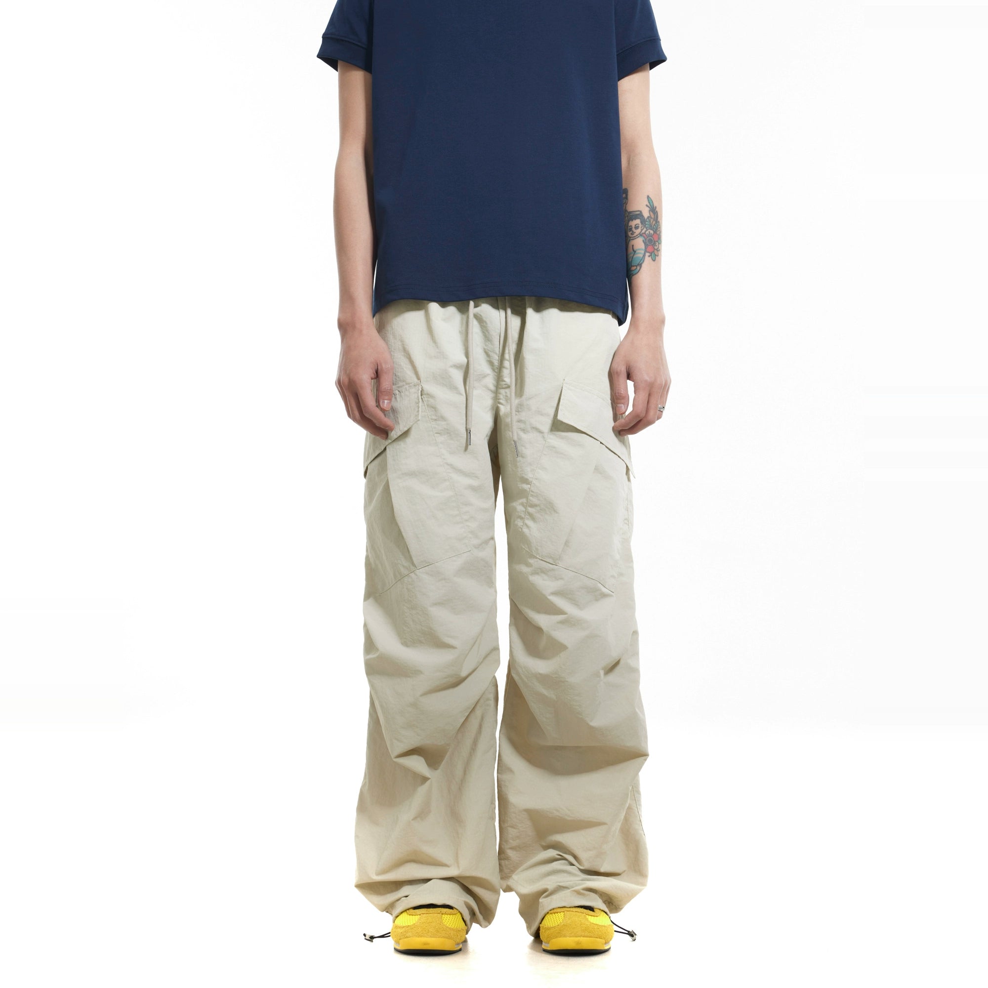 BTSG Pleated Drawstring Multi-Pocket Nylon Paratrooper Pants