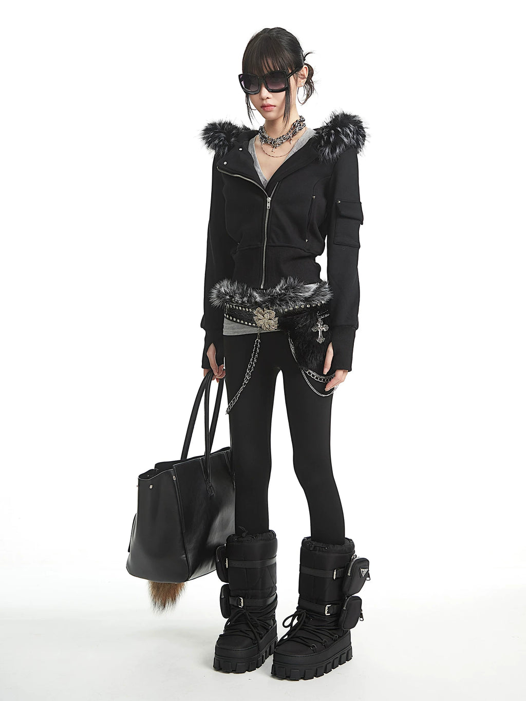 UNCMHISEX Fur Collar Hooded Fleece Slim-fitting Short Jacket