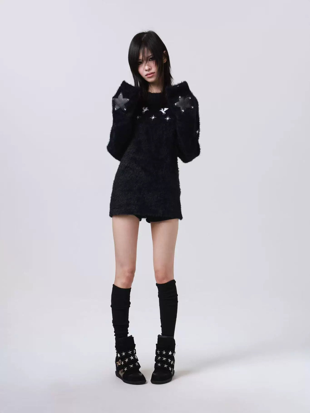 DETW Pentagram Leather Rivet Front Shoulder Crew Neck Sweater