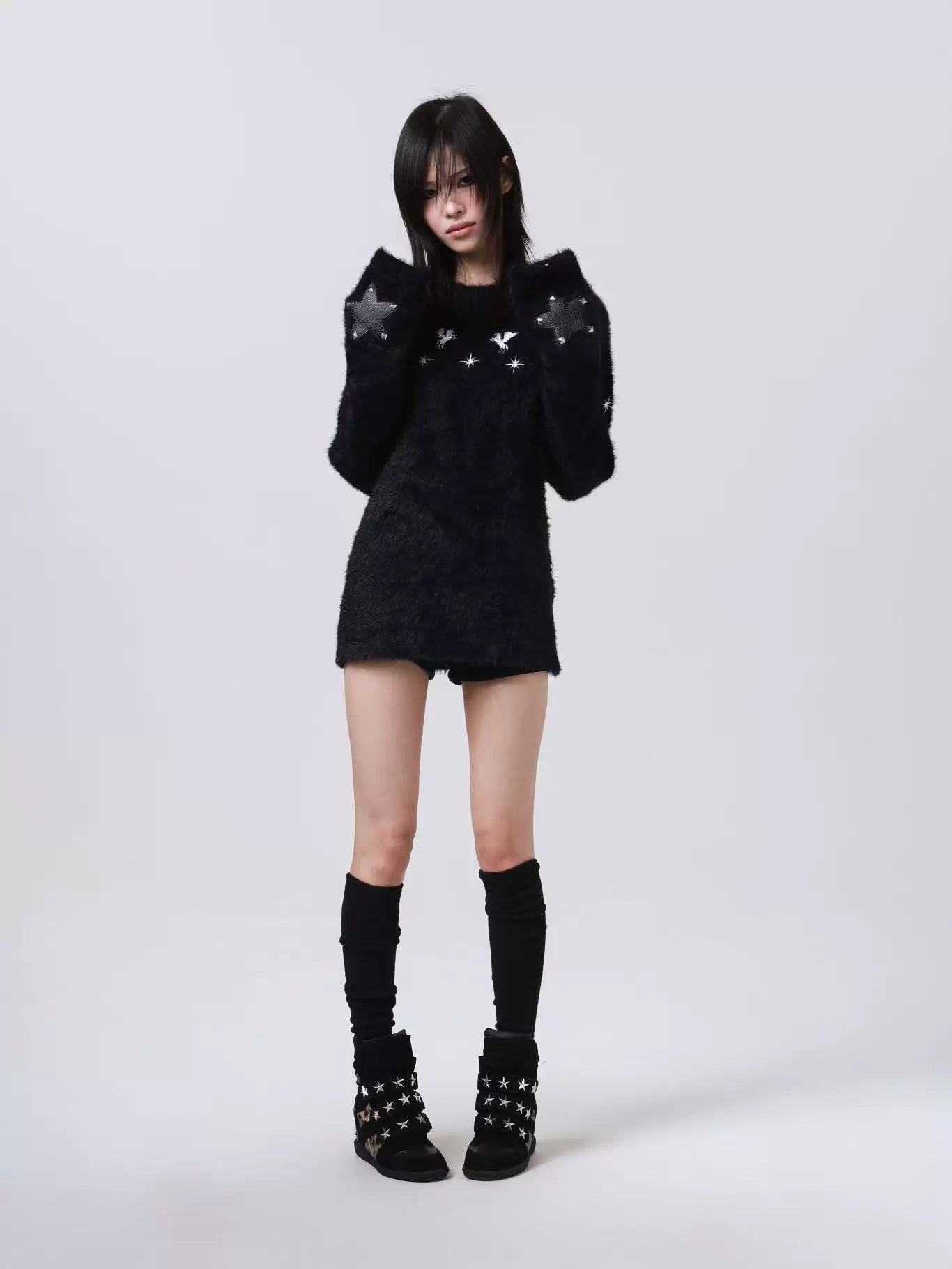 DETW Pentagram Leather Rivet Front Shoulder Crew Neck Sweater