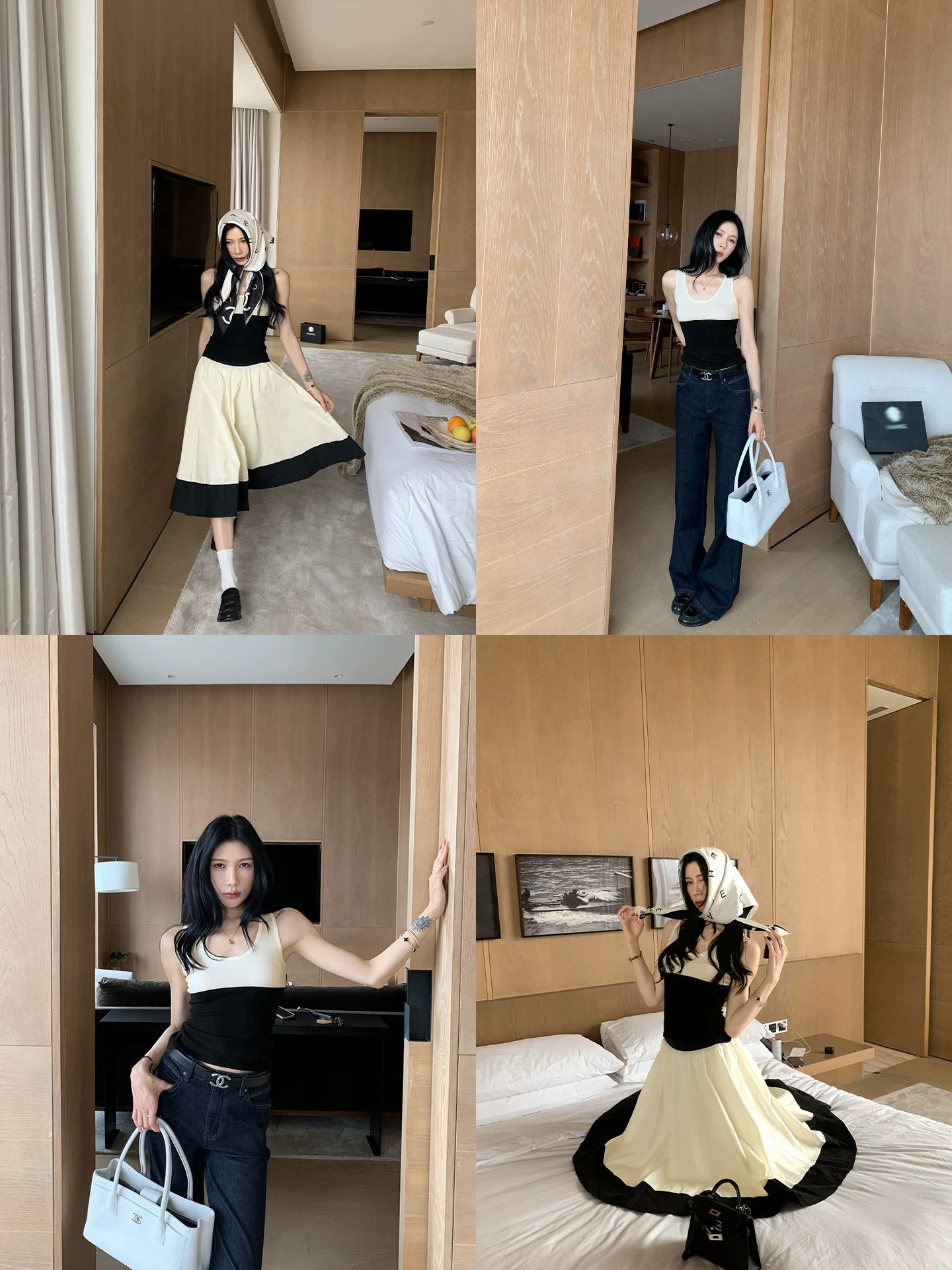 YOUNG KYLIN Contrasting Color Slim Top Skirt Set