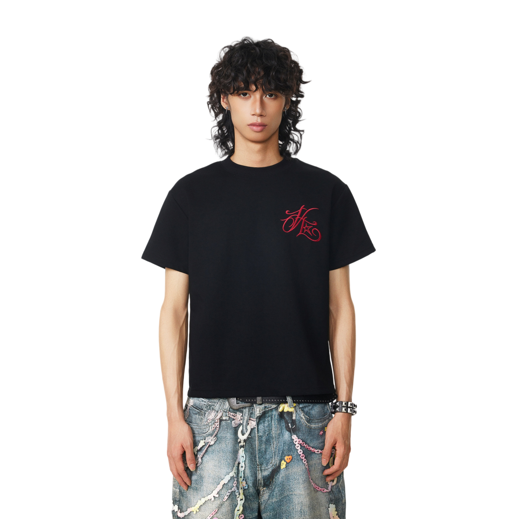 (Clearance) BTSG Vintage Embroidery Alphabet Hip Hop Front Shoulder Short Wide Tee