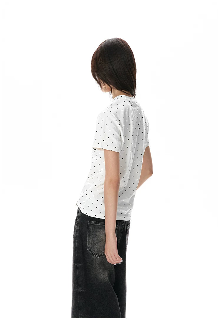 A PUEE Retro Polka Dot Round Neck Front Shoulder Slim Tee