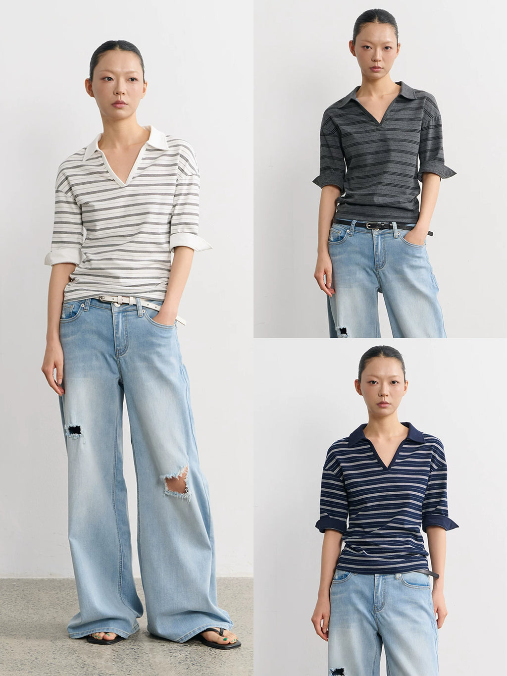 LINY LIBERTY Vintage Slightly Loose Striped V-neck Polo Tee