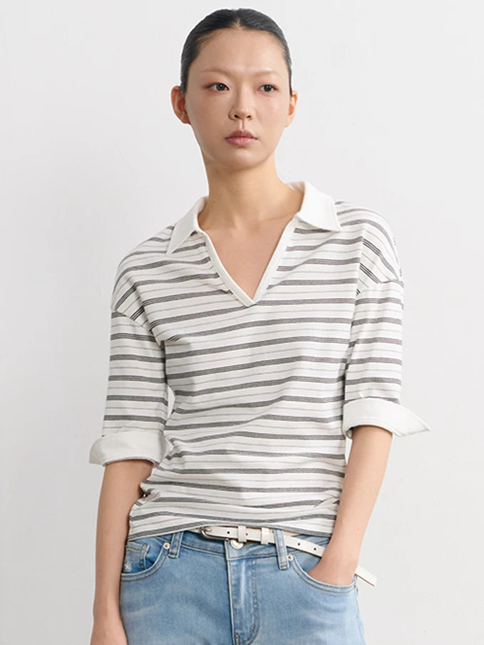 LINY LIBERTY Vintage Slightly Loose Striped V-neck Polo Tee