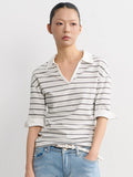 LINY LIBERTY Vintage Slightly Loose Striped V-neck Polo Tee