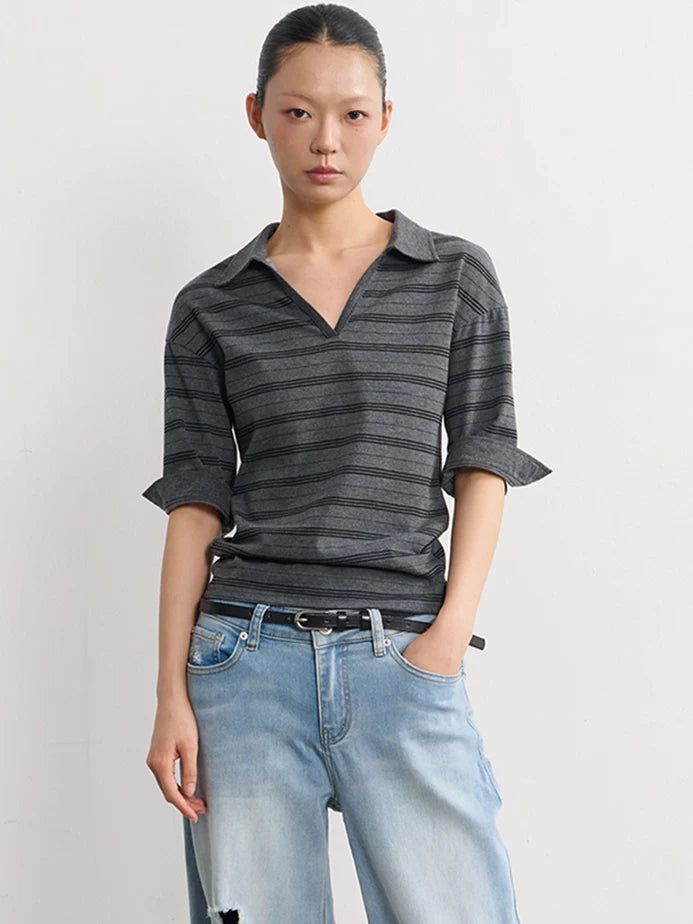 LINY LIBERTY Vintage Slightly Loose Striped V-neck Polo Tee