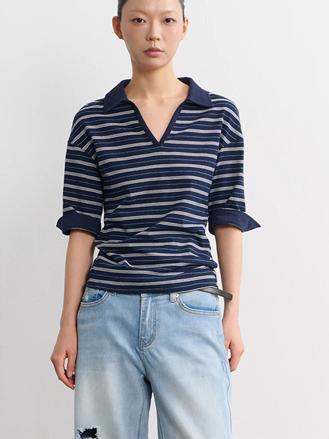 LINY LIBERTY Vintage Slightly Loose Striped V-neck Polo Tee
