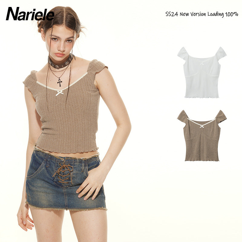 Nariele Summer French Retro Large Square Neck Women's ins Bow Tie Puff Sleeve Top