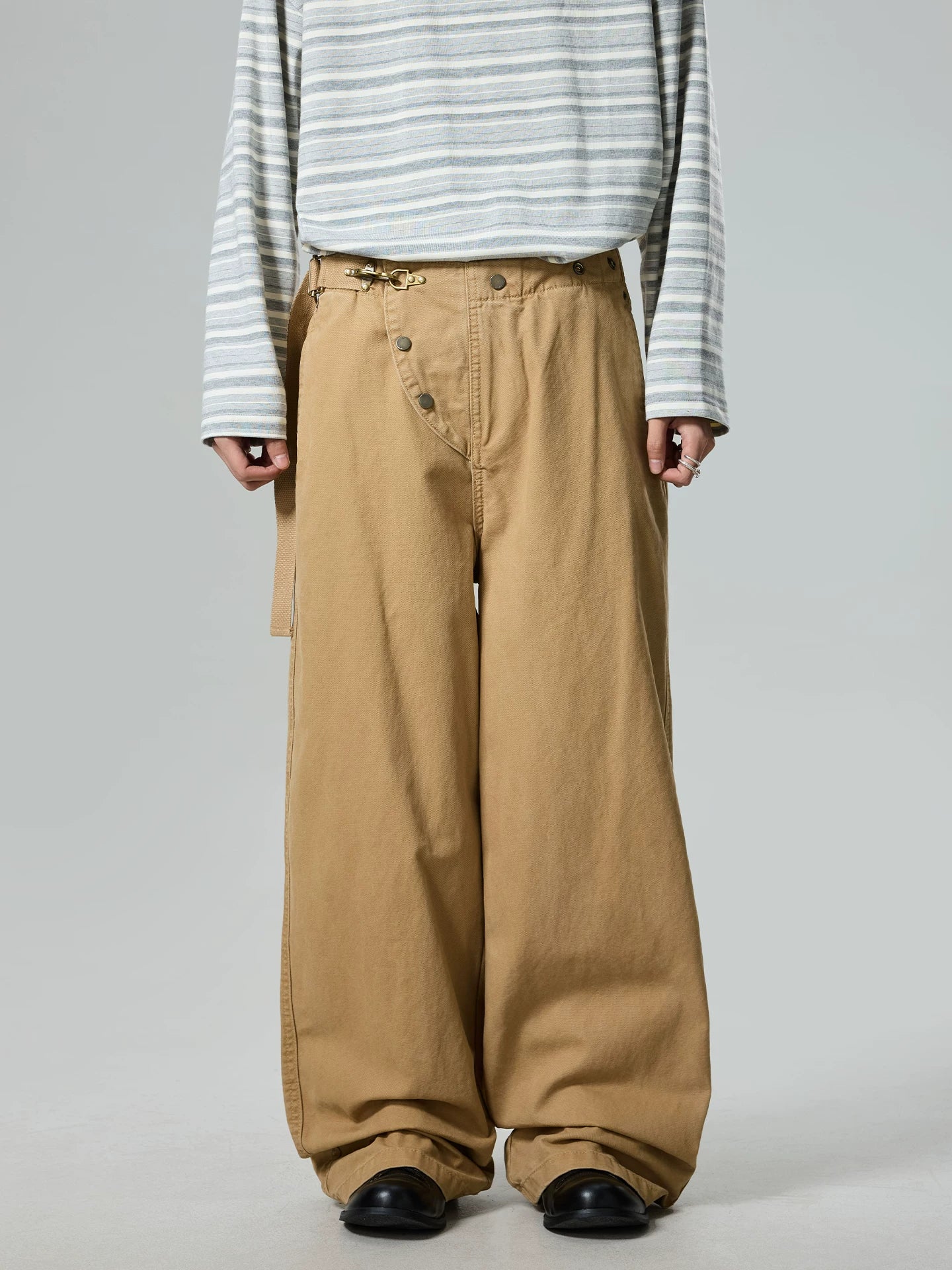 BTSG retro irregular diagonal buckle loose wide-leg casual pants