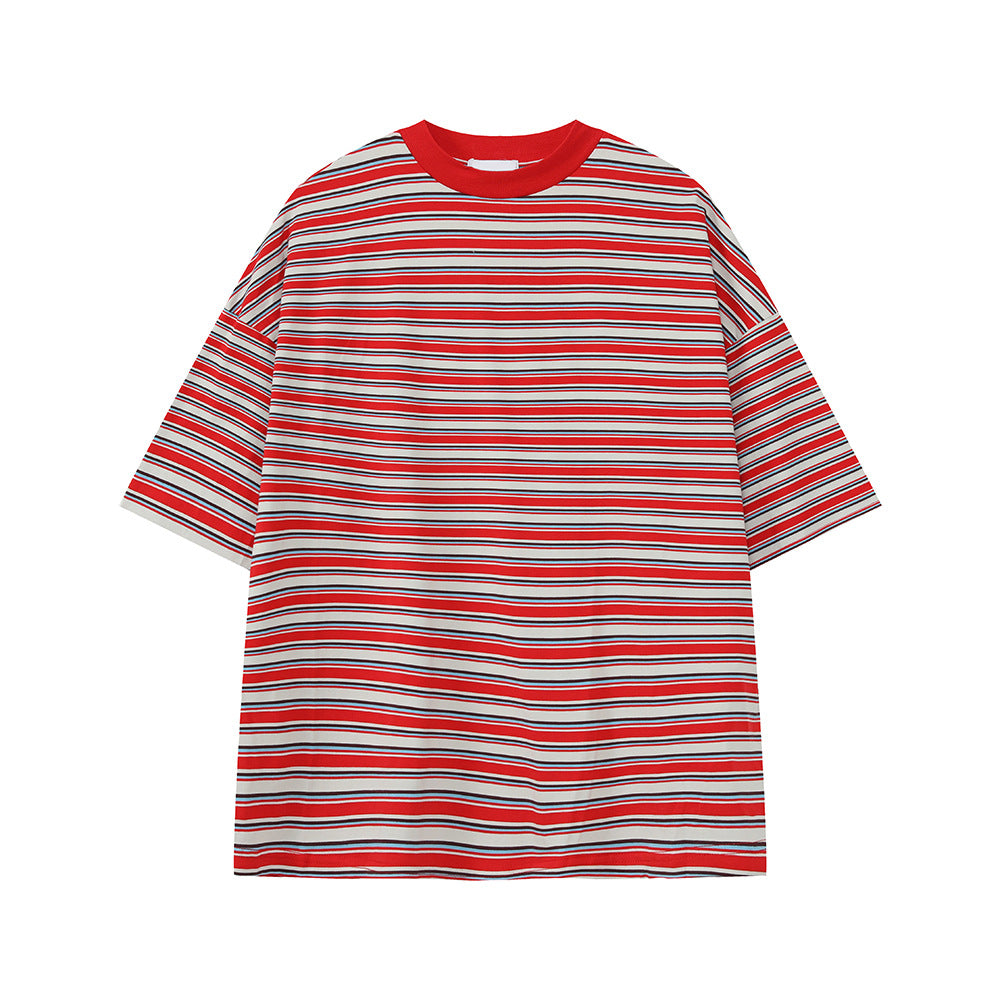 MTLCLOTHES Korean Version Striped Contrasting Retro Loose Tee